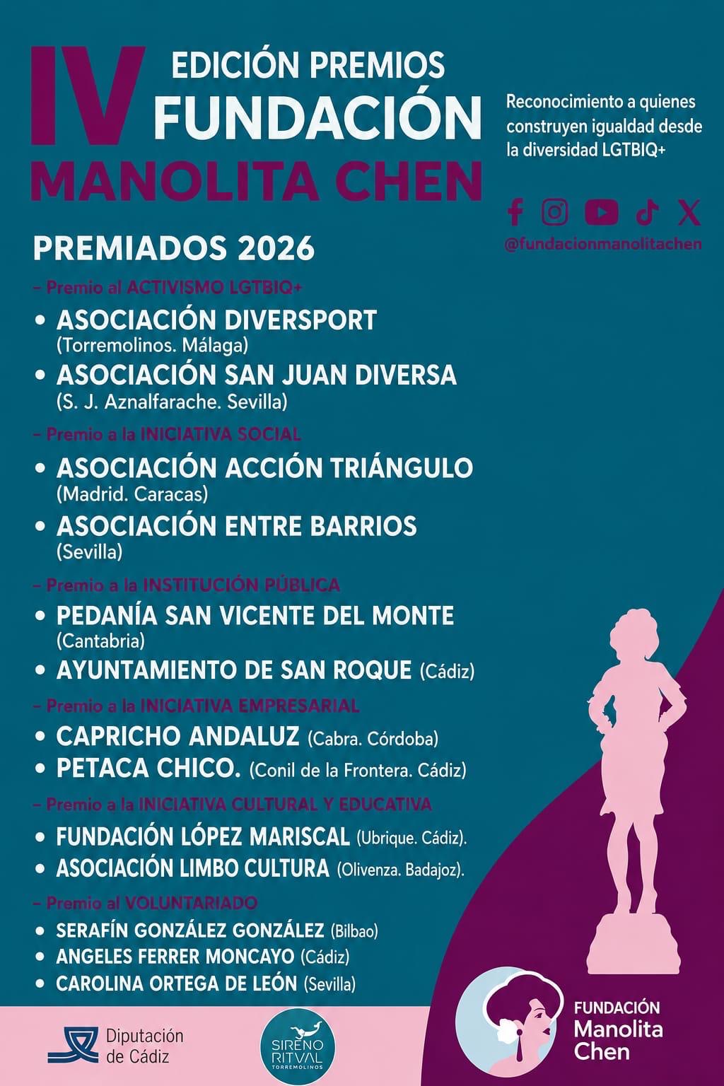 La Fundación Manolita Chen reconoce en Torremolinos el compromiso con los derechos LGTBIQ+ en sus Premios 2026